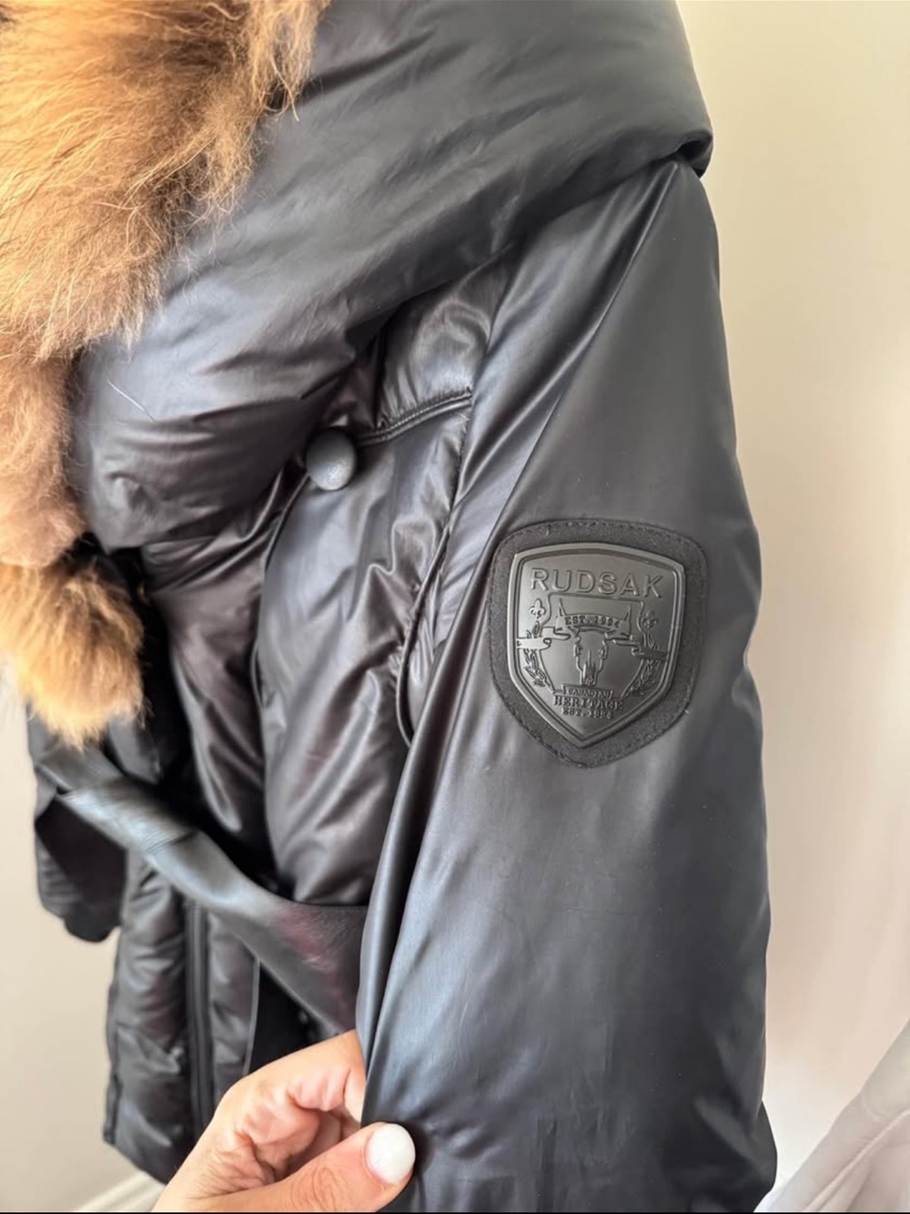 RUDSAK Black Belted Puffer Coat with Brown Faux Fur Trim - Picture 2 of 5